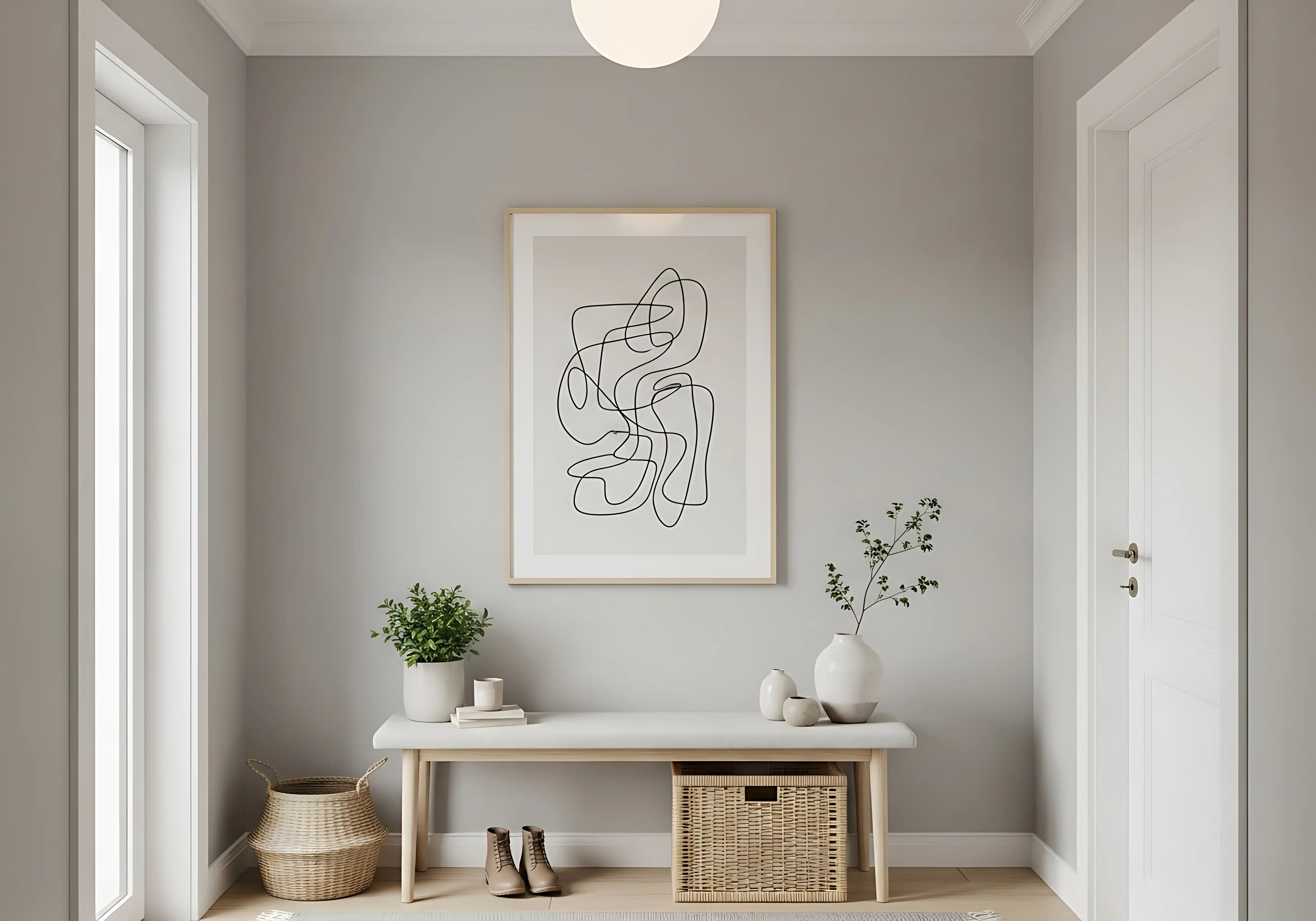 Dekorierter Flur mit Bilderwand und Vase auf der Konsole